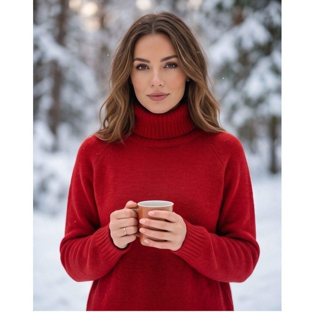 Chico's 2 Red Chenille Turtleneck Sweater Long Sleeve Large Cozy Cabincore